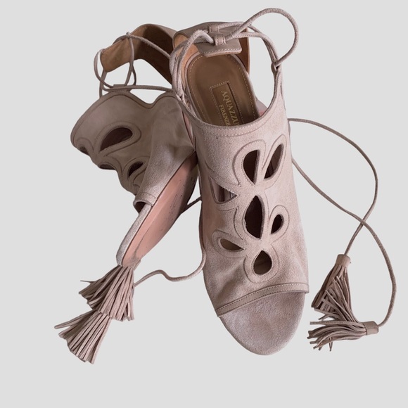 AQUAZURRA FIRENZE NEUTRAL LEATHER TUSSLE HEELED SANDALS - Picture 10 of 16